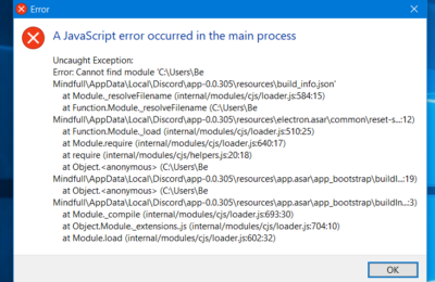 A JavaScript Error Occurred in the Main Process